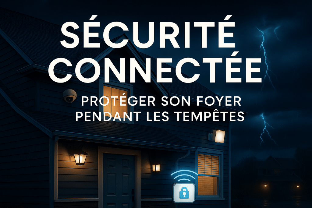 Image d'une maison illuminée la nuit, avec des éléments de sécurité connectée visible, accompagnée du texte 'SÉCURITÉ CONNECTÉE PROTÉGER SON FOYER PENDANT LES TEMPÊTES'.