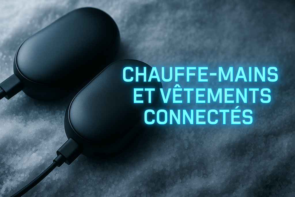 Gadget chauffant connecté sur un fond enneigé, avec le texte 'Chauffe-mains et vêtements connectés' en néon bleu.