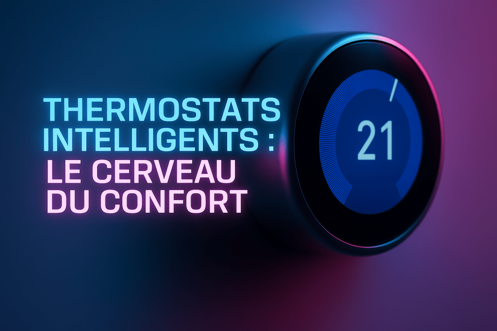 Thermostat intelligent affichant une température de 21°C, avec un fond aux teintes modernes et lumineuses.