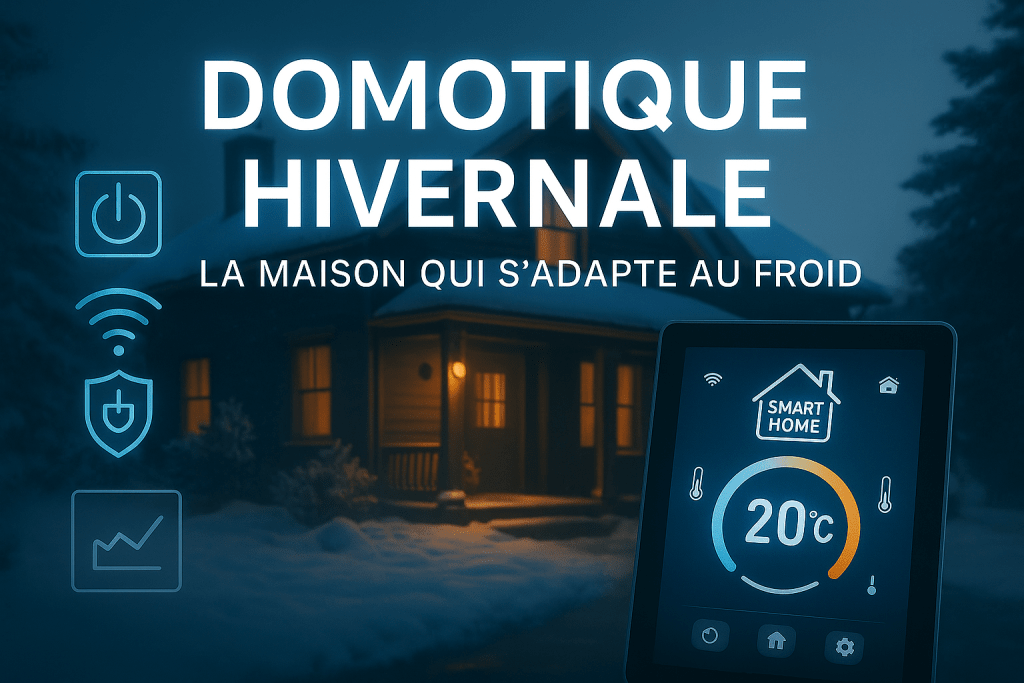Image représentant une interface de domotique hivernale avec un thermostat affichant 20°C et des icônes pour le contrôle sécurisé, les capteurs et la connectivité Wi-Fi, contre un fond de maison en hiver.