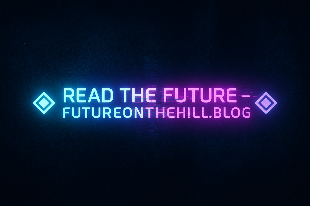 Image d'un écran affichant le texte 'READ THE FUTURE - FUTUREONTHEHILL.BLOG' avec un design moderne et coloré en néon, sur un fond sombre.