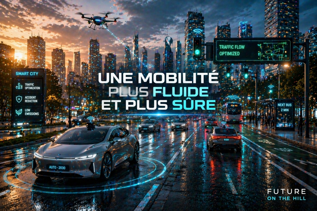 Une ville intelligente avec des voitures autonomes sur une route pluvieuse, des panneaux d'information sur l'optimisation du trafic et un drone survolant la scène.