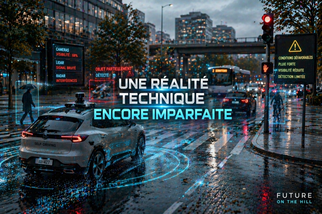 Image d'une voiture autonome sur une route humide avec des panneaux d'information sur la visibilité et les conditions de circulation. Des éléments graphiques affichent des données telles que la visibilité des caméras et la détection d'objets.