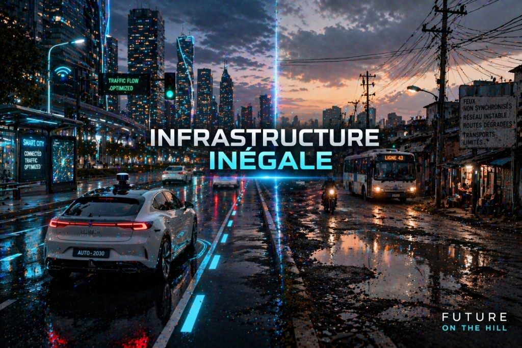 Voiture autonome sur une route d'une ville futuriste, avec des panneaux de signalisation numériques et des bâtiments modernes. Le texte 'INFRASTRUCTURE INÉGALE' est superposé.