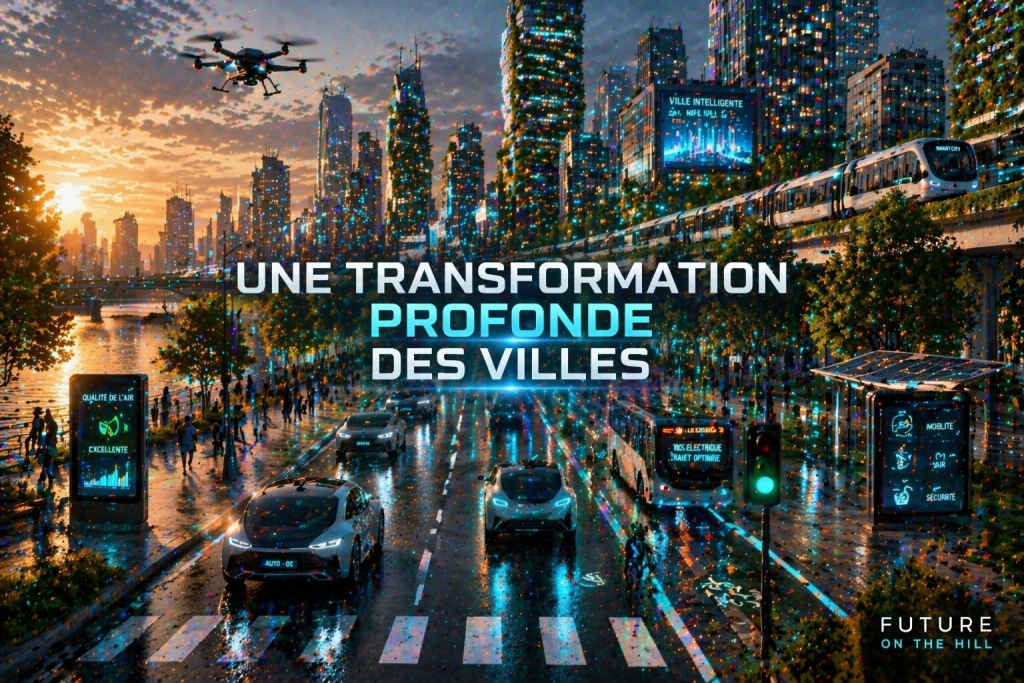 Vue d'une ville futuriste avec des gratte-ciel, des voitures autonomes et un drone survolant la scène. Un panneau indique la qualité de l'air, et des transports publics modernes circulent sur des voies surélevées. L'ambiance est illuminée par un coucher de soleil.