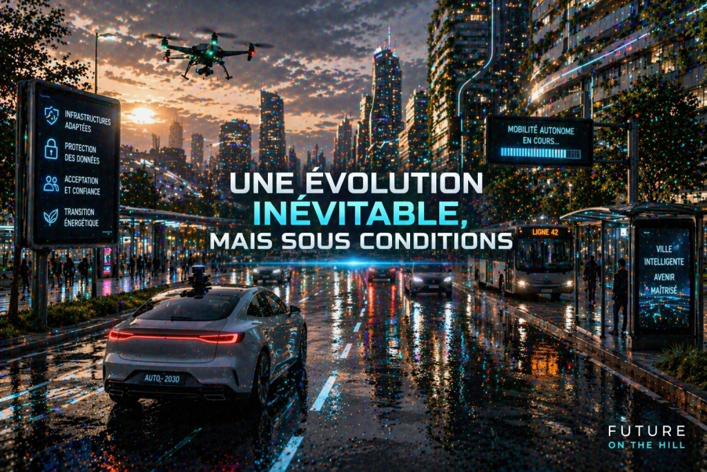 Une vue urbaine futuriste de nuit avec une voiture autonome, un drone volant au-dessus, et des panneaux d'affichage électronique indiquant les infrastructures adaptées et la mobilité autonome.