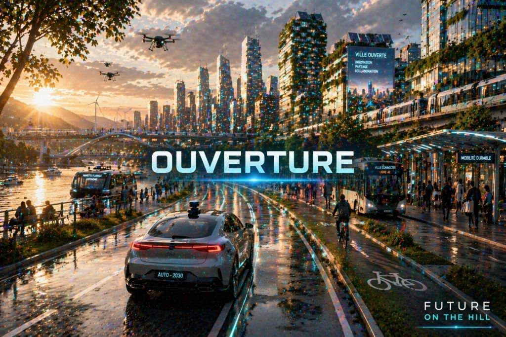 Vue d'une ville moderne au crépuscule avec des gratte-ciel, des voitures autonomes, des piétons et des drones survolant. Le texte 'OUVERTURE' est en évidence au centre.