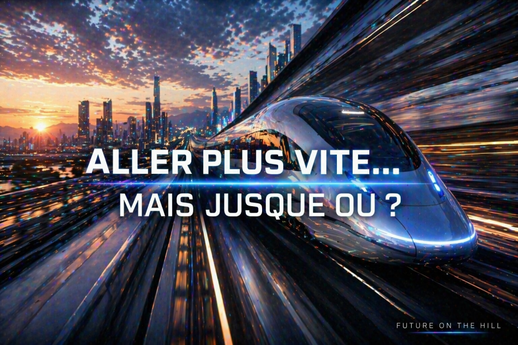 Un train futuriste se déplaçant rapidement sur des rails avec une ville moderne en arrière-plan sous un ciel coloré au coucher du soleil.