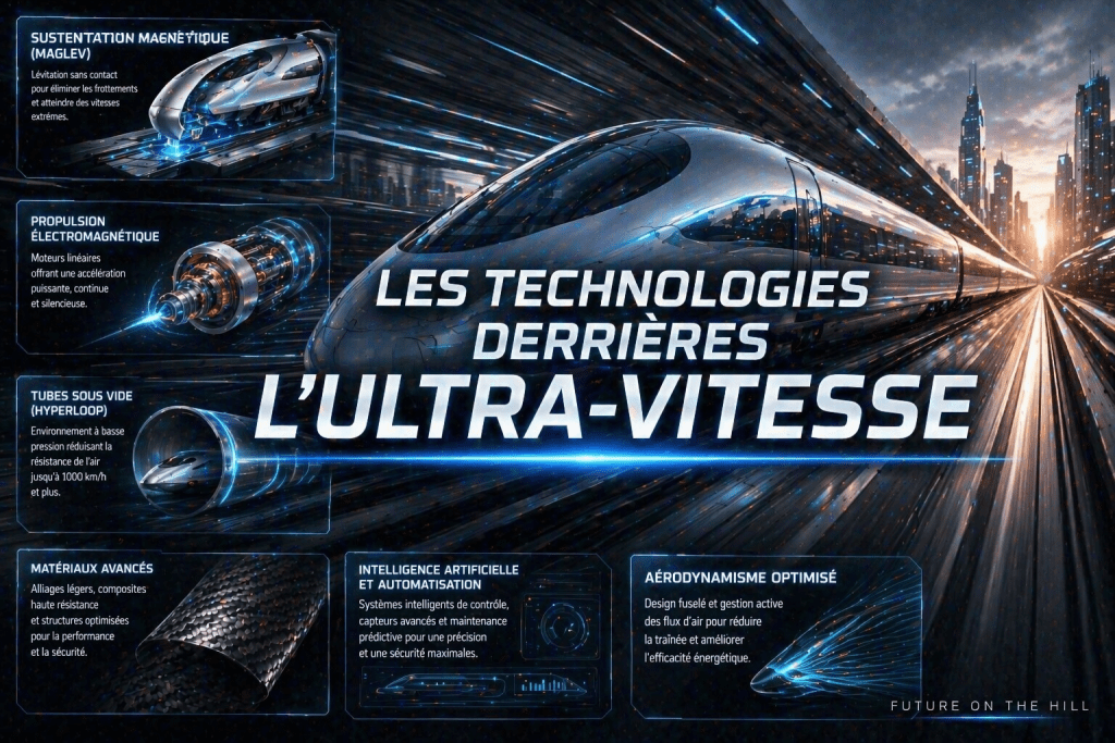 Illustration des technologies de transport ultra-rapide, incluant un train futuriste sur des rails, avec des éléments descriptifs sur la sustentation magnétique, la propulsion électromagnétique, les tubes sous vide, les matériaux avancés, l'intelligence artificielle et l'aérodynamisme optimisé.