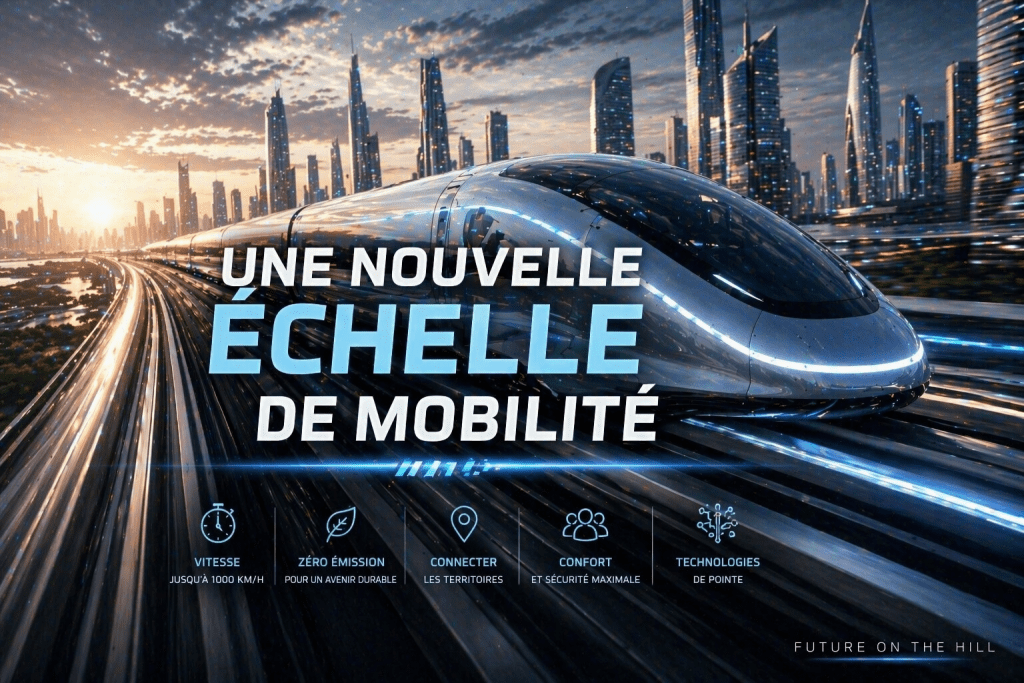 Un train futuriste sur une voie rapide dans une ville moderne, avec des gratte-ciels en arrière-plan.