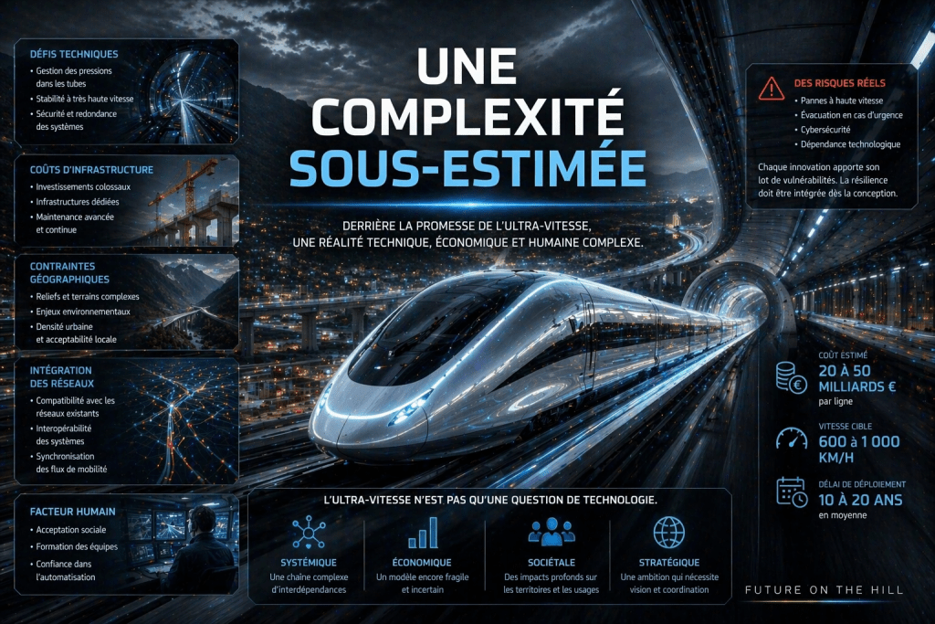 Infographie sur les défis techniques, les coûts d'infrastructure et les contraintes géographiques de l'ultra-vitesse, mettant en avant la complexité sous-estimée du projet.