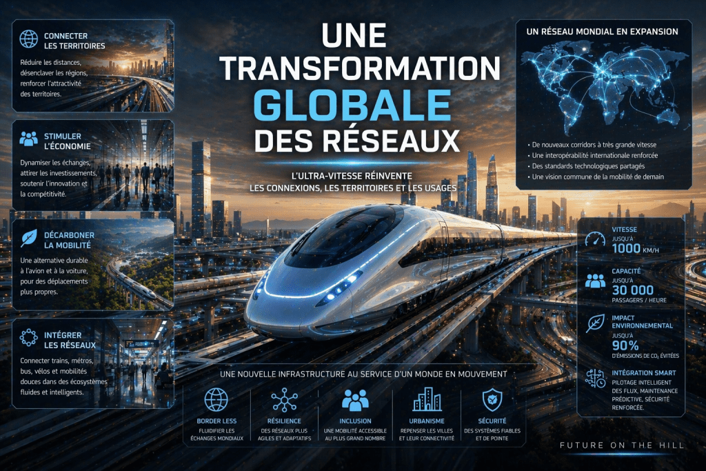 Une infographie présentant une transformation globale des réseaux, mettant en avant l'importance de l'ultra-vitesse dans les connexions, les territoires et les usages, ainsi que divers aspects comme la stimulation économique, la décarbonation de la mobilité et l'intégration des réseaux.