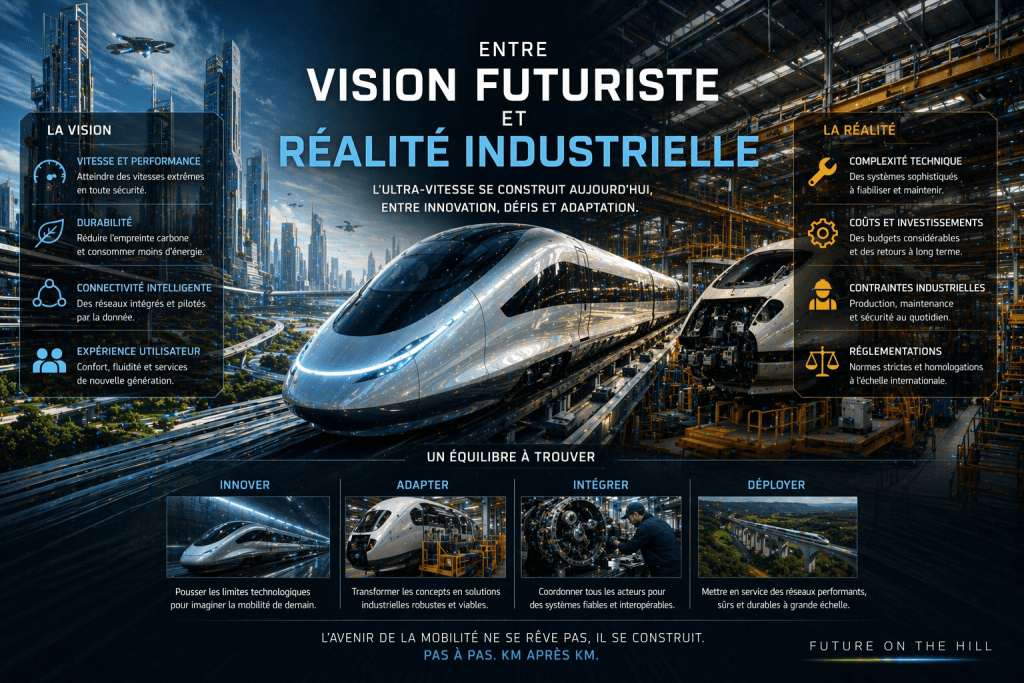 Image futuriste d'un train à grande vitesse dans un environnement industriel, illustrant la convergence entre innovation et réalité industrielle. Le texte met en avant des thèmes comme la durabilité, la connectivité intelligente, et les défis techniques de la haute vitesse.