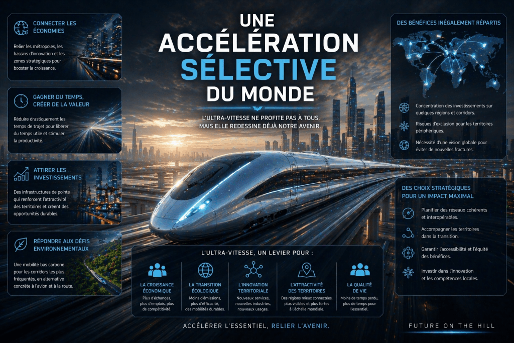 Infographie sur l'accélération sélective du monde, mettant en avant l'importance de l'ultra-vitesse pour relier les économies, créer de la valeur, attirer des investissements et répondre aux défis environnementaux.