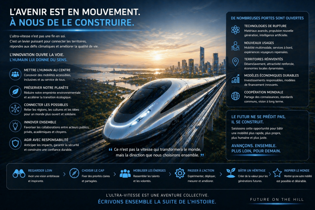 Affiche promotionnelle sur la mobilité rapide et durable, avec un train futuriste sur une voie, surplombant une ville moderne. Texte sur l'innovation, la durabilité et l'importance de l'humain dans la conception des mobilités.