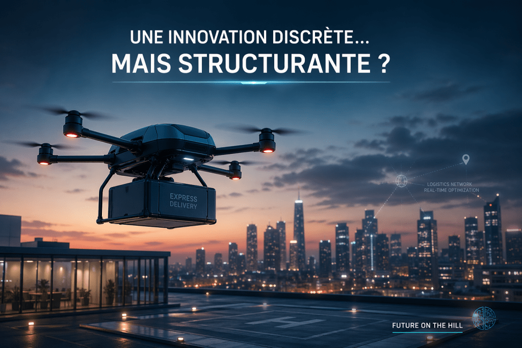 Un drone de livraison survolant une métropole au coucher du soleil, avec un texte sur l'innovation en logistique.