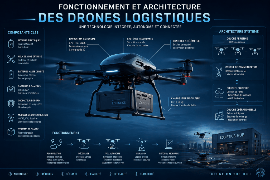 Infographie décrivant le fonctionnement et l'architecture des drones logistiques, avec des éléments clés tels que la navigation autonome, les systèmes de communication et les composants du drone.