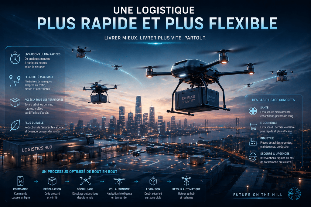 Illustration d'une logistique moderne avec des drones effectuant des livraisons en ville, détaillant des services rapides, flexibles et durables.