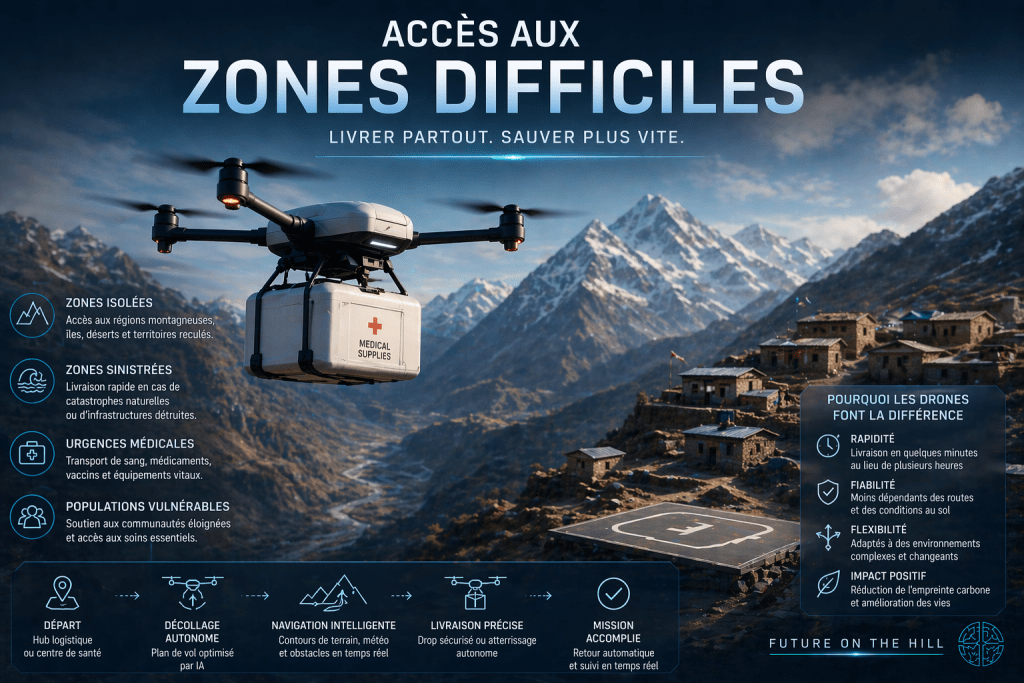 Un drone transportant des fournitures médicales survolant des montagnes, avec des villages isolés en arrière-plan. Le texte explique l'importance des drones pour livrer dans des zones difficiles d'accès.