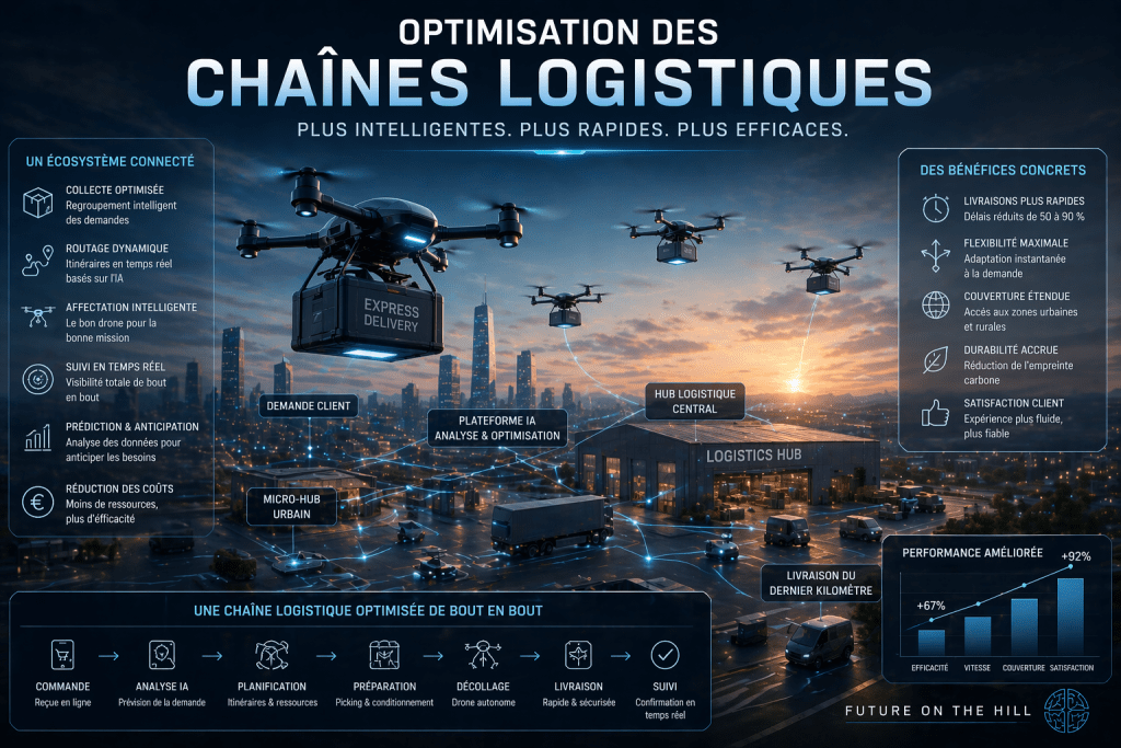Infographie sur l'optimisation des chaînes logistiques, mettant en avant les avantages des livraisons rapides, de la flexibilité et de la durabilité. Illustrations de drones de livraison et d'un hub logistique central.