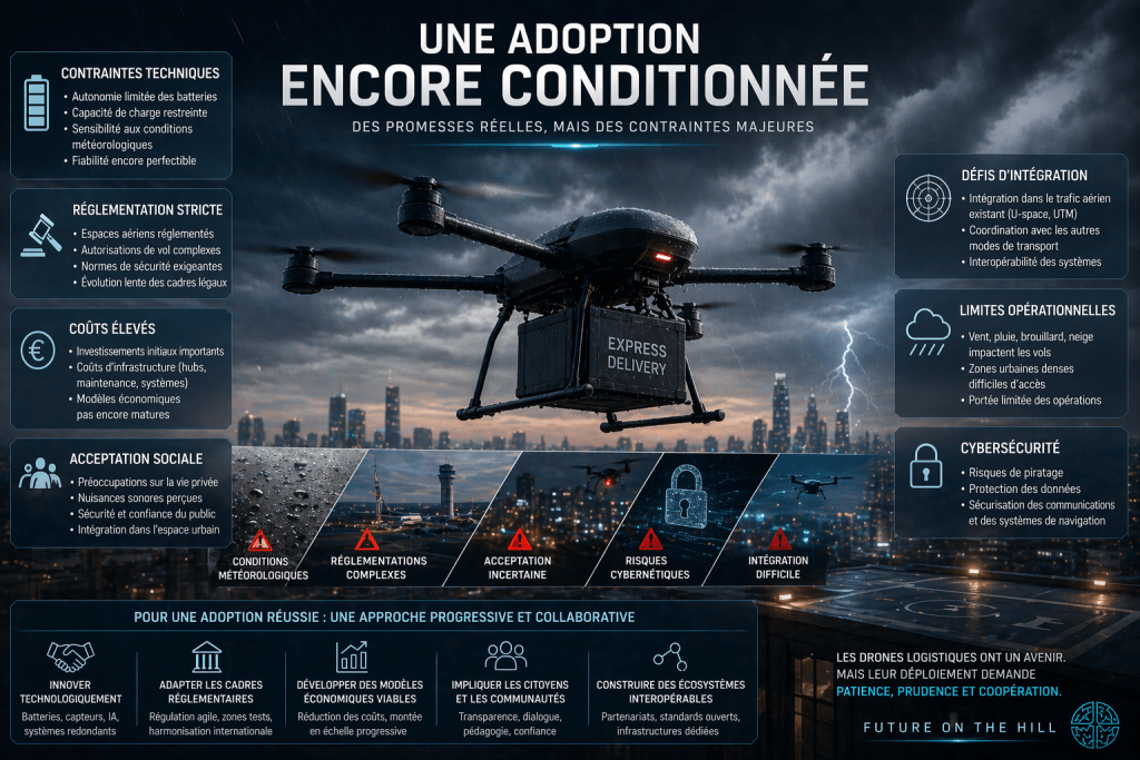 Image d'un drone de livraison survolant une ville moderne pendant un orage, avec des informations textuelles sur les défis de l'adoption des drones logistiques.