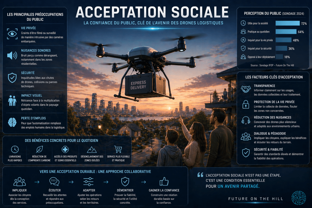 Infographie sur l'acceptation sociale des drones logistiques, abordant les préoccupations du public telles que la vie privée, la sécurité et l'impact visuel, ainsi que les avantages quotidiens de leur utilisation.