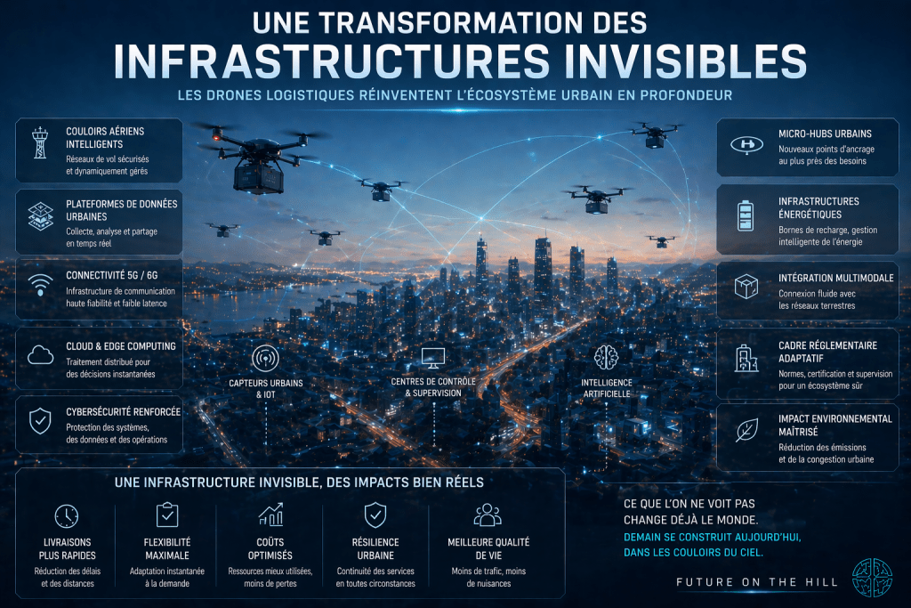Infographie sur la transformation des infrastructures invisibles avec des drones logistiques dans un écosystème urbain moderne, présentant divers éléments tels que des couloirs aériens intelligents, des plateformes de données urbaines et des micro-hubs urbains.