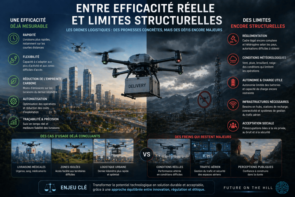 Infographie sur l'utilisation des drones logistiques, présentant leurs avantages mesurables tels que la rapidité et la réduction de l'empreinte carbone, ainsi que les défis structurels comme la réglementation et les conditions météorologiques.