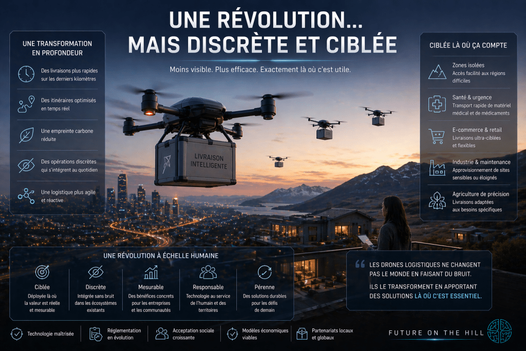 Infographie sur la livraison par drones illustrant une transformation logistique moderne et ciblée, avec des points clés sur l'efficacité, la réduction de l'empreinte carbone et l'intégration dans le quotidien.