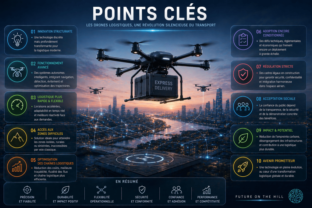 Image d'un drone de livraison survolant une ville moderne, accompagné de texte informatif sur l'innovation logistique et ses avantages.