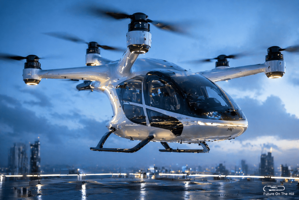 Un taxi aérien futuriste posé sur une plateforme d'atterrissage à la nuit, avec des bâtiments en arrière-plan.