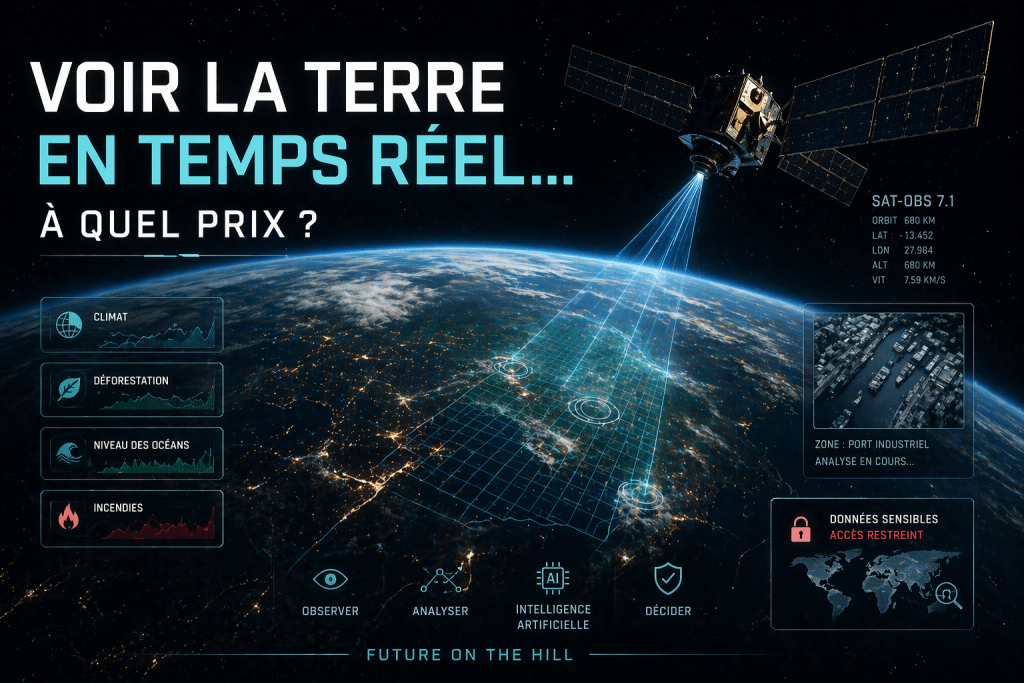 Satellite observant la Terre en temps réel, affichant des données sur le climat, la déforestation, le niveau des océans et les incendies, avec des détails techniques sur l'orbite et la vitesse.