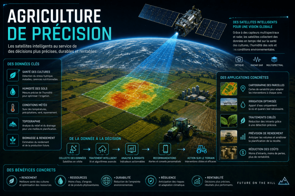 Infographie sur l'agriculture de précision utilisant des satellites intelligents pour améliorer la santé des cultures, l'humidité des sols et les décisions agricoles.