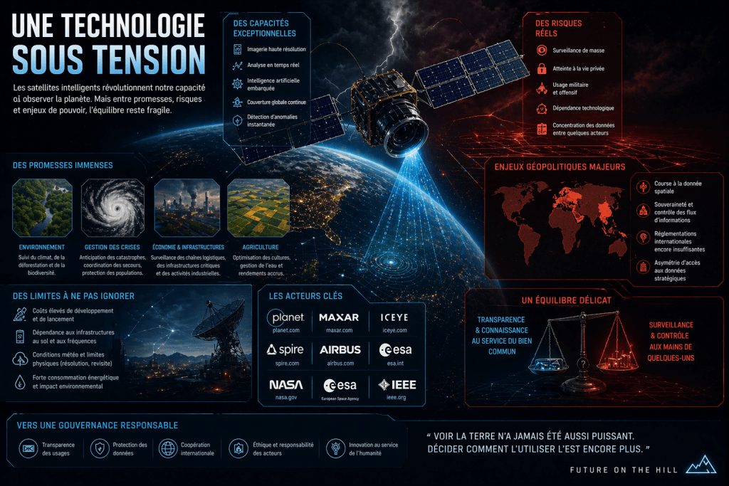 Infographie sur les satellites intelligents, leurs promesses, risques et enjeux géopolitiques. Illustrations des capacités exceptionnelles telles que l'imagerie haute résolution, la gestion des crises et les défis de la vie privée.