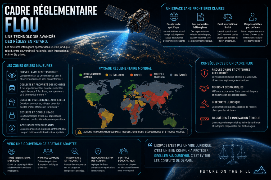 Infographie sur le cadre règlementaire flou des technologies avancées, mettant en évidence les enjeux liés aux satellites intelligents, la surveillance des territoires, et les conséquences d'un manque de réglementation claire. Comprend une carte mondiale des régulations ainsi que des suggestions pour une gouvernance adaptée.