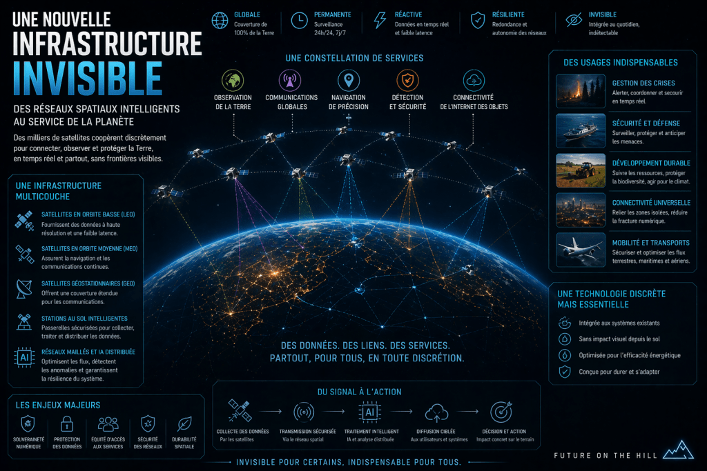 Infographie décrivant une infrastructure invisible constituée de réseaux spatiaux intelligents servant la planète, présentant des satellites en orbite, des technologies de communication, et des applications dans divers secteurs comme la sécurité, le développement durable et la connectivité universelle.