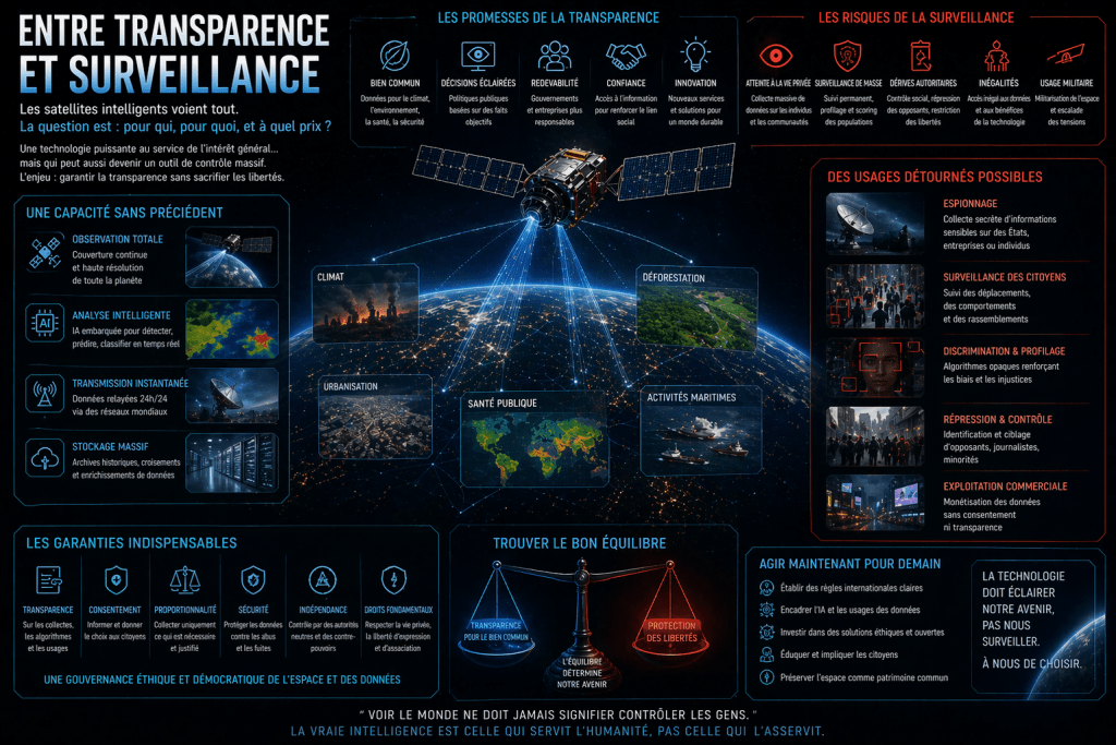 Infographie sur la relation entre transparence et surveillance, illustrant les capacités des satellites intelligents et les risques associés.