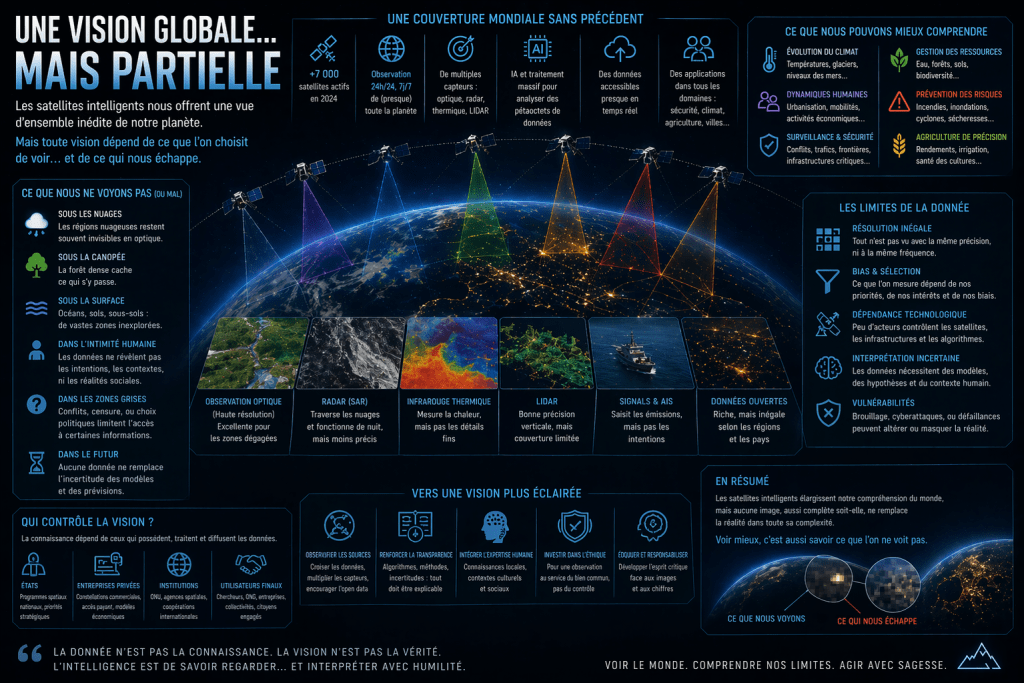 Infographie illustrant l'impact des satellites intelligents sur notre compréhension de la planète, avec des sections sur les limites de la vision satellitaire et les données collectées.