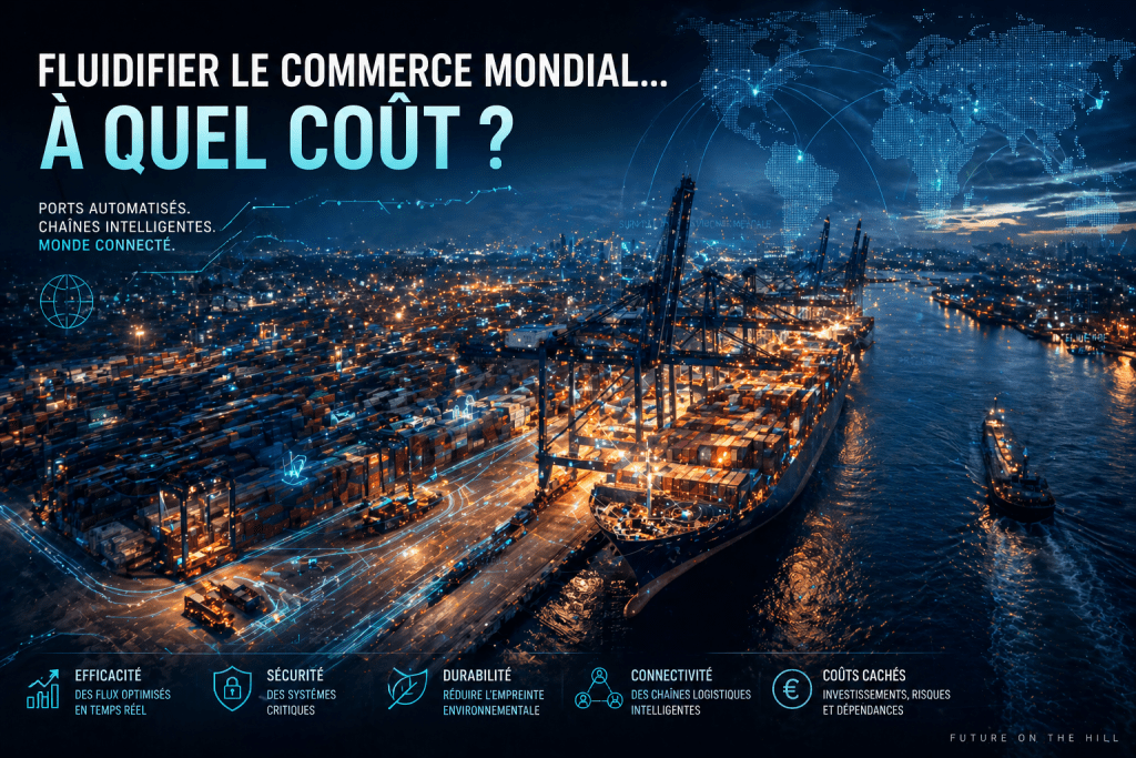 Vue aérienne d'un port automatisé avec des conteneurs et des cargaisons, illustre le commerce mondial.
