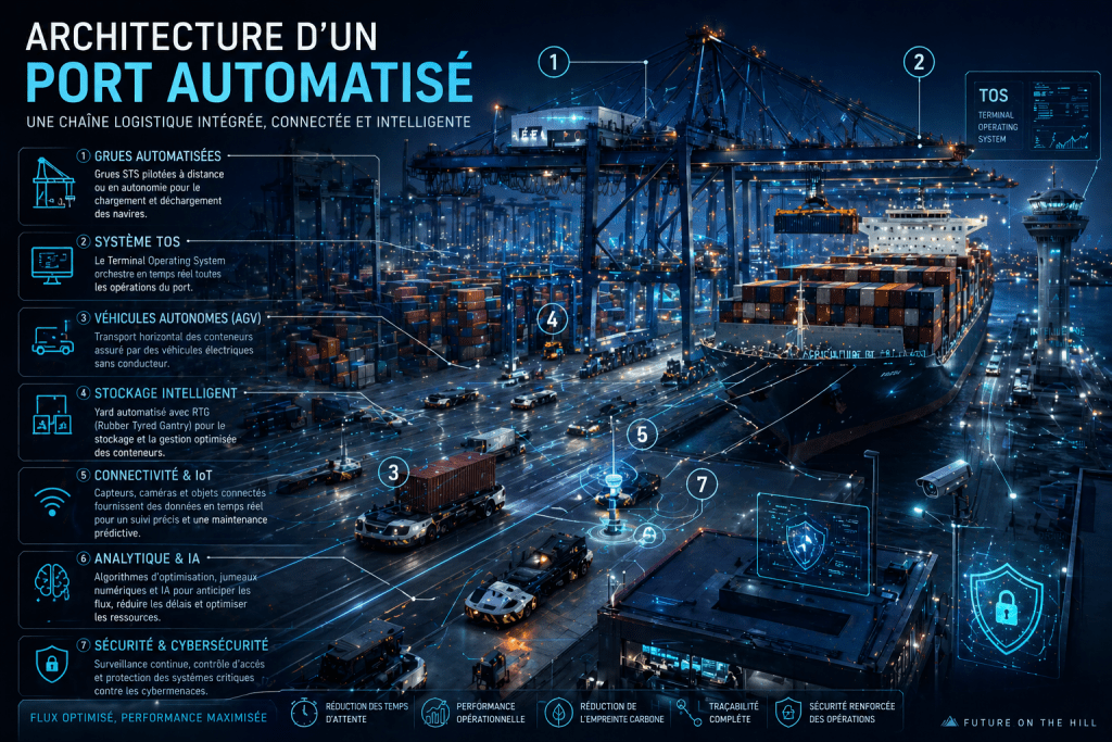 Image d'un port automatisé avec des grues automatisées, un système TOS, des véhicules autonomes, et des éléments de connectivité et de cybersécurité. Visibilité nocturne sur les opérations de chargement et de déchargement de conteneurs.
