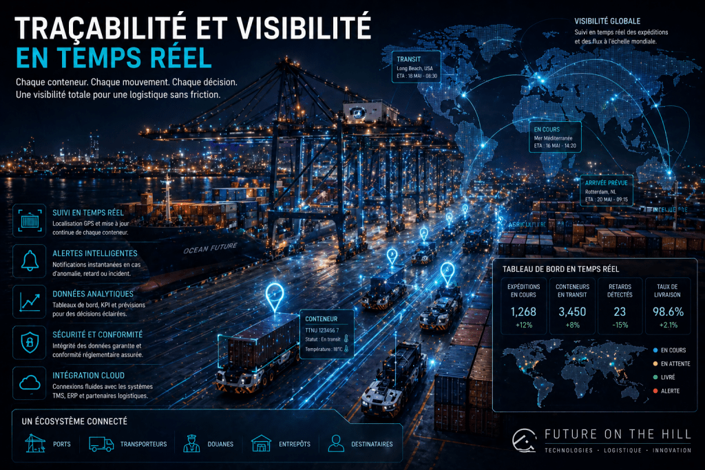 Image montrant des conteneurs dans un port, illustrant la traçabilité et la visibilité en temps réel dans la logistique.