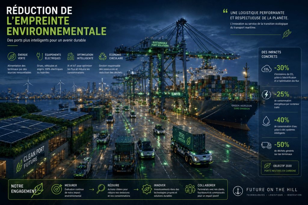 Image montrant un port moderne avec des conteneurs, des véhicules verts et des grues, illustrant les efforts pour réduire l'empreinte environnementale.