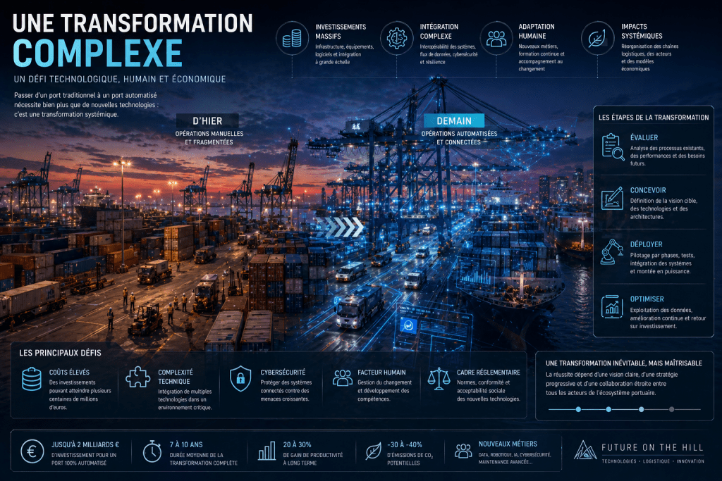 Une infographie sur la transformation complexe d'un port, illustrant les défis technologiques, humains et économiques, avec une comparaison entre les opérations manuelles d'hier et les opérations automatisées de demain.
