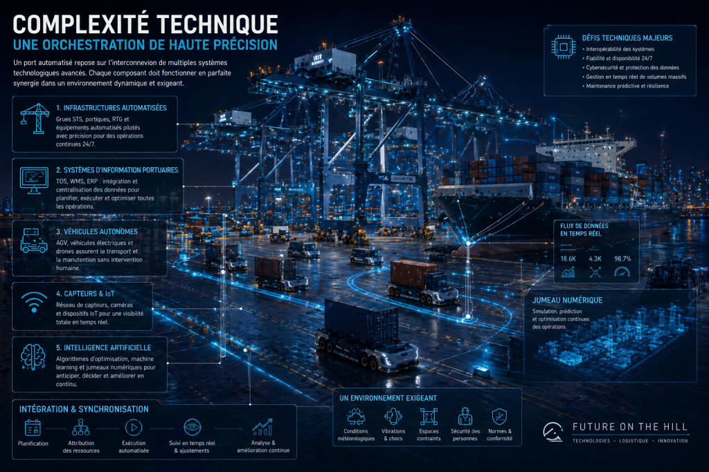 Infographie sur la complexité technique des ports automatiques, illustrant l'orchestration de systèmes technologiques avancés avec des infrastructures automatisées, des systèmes d'information portuaires, et des véhicules autonomes.