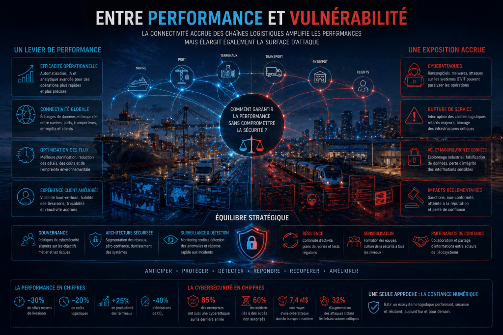 Infographie sur la performance et la vulnérabilité dans les chaînes logistiques, mettant en évidence l'impact de la connectivité sur l'efficacité opérationnelle et les menaces potentielles comme les cyberattaques.