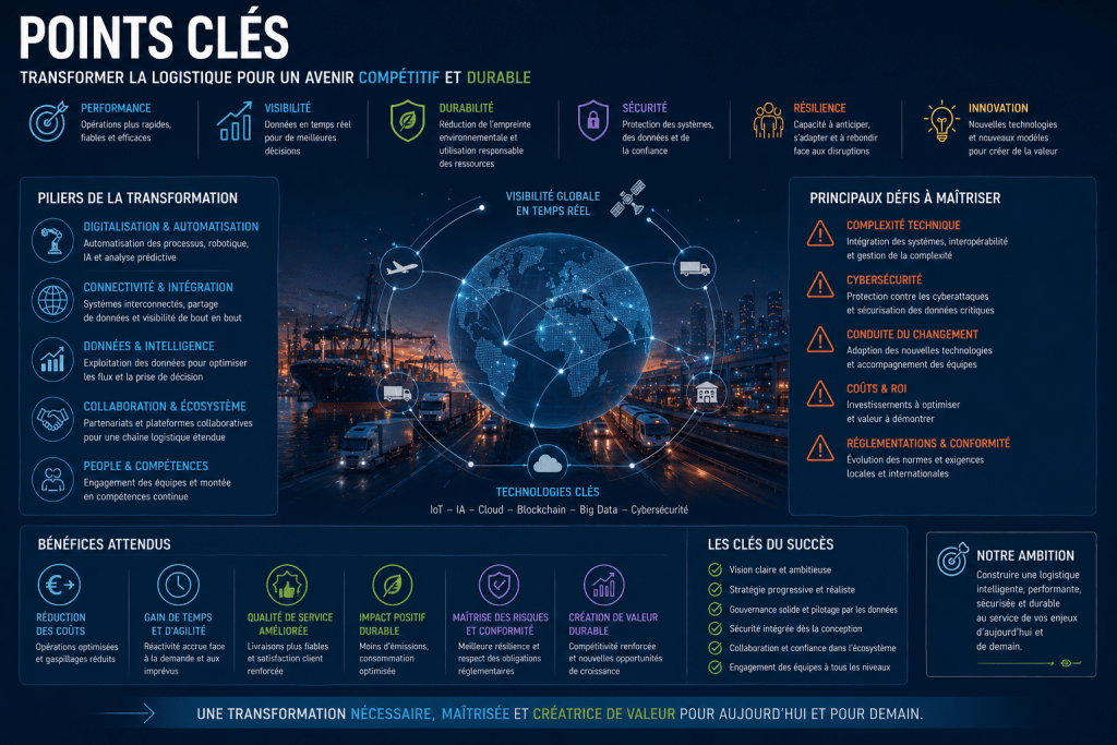 Infographie sur la transformation logistique, mettant en évidence la performance, la durabilité, et la visibilité en temps réel, avec des piliers tels que la digitalisation, la sécurité, et l'innovation.
