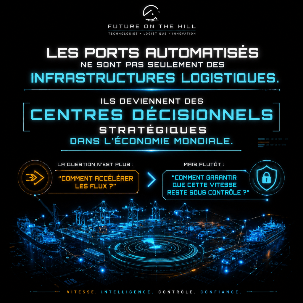 Image montrant des illustrations de ports automatisés avec des textes explicatifs sur leur rôle stratégique dans l'économie mondiale.