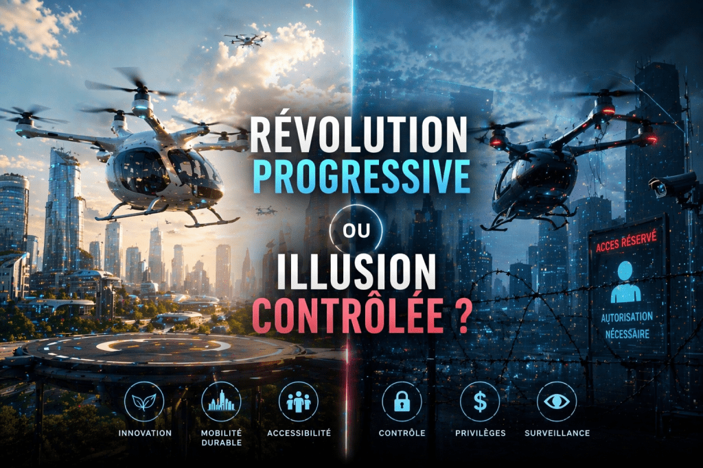 Graphique montrant deux environnements futuristes opposés, un avec des hélicoptères sur fond de villes lumineuses et l'autre sombre avec des drones. Texte central questionnant l'idée de révolution ou d'illusion contrôlée.