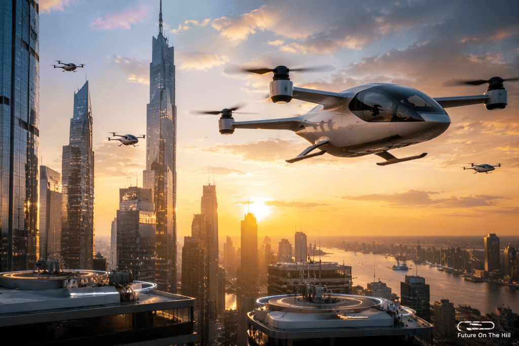 Des taxis volants futuristes survolent une ville moderne au coucher du soleil, avec des gratte-ciel et un fleuve en arrière-plan.