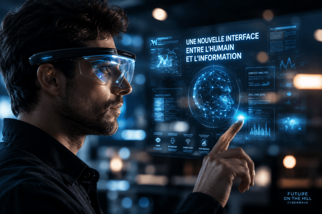 Un homme portant des lunettes de réalité augmentée interagit avec une interface numérique futuriste affichant des analyses de données et des connexions en temps réel.